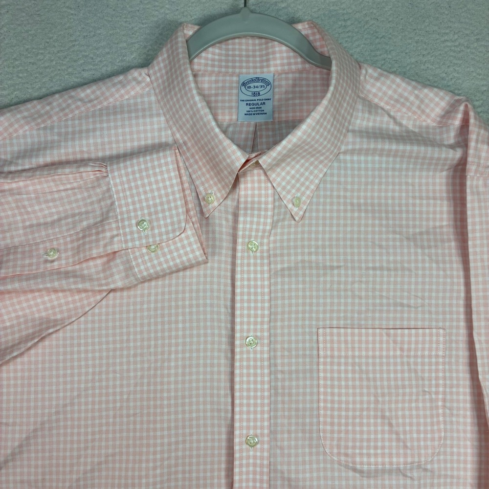 Brooks Brothers Oxford Shirt Men 18-34/35 Pink Gingham Plaid Dress Button OCBD